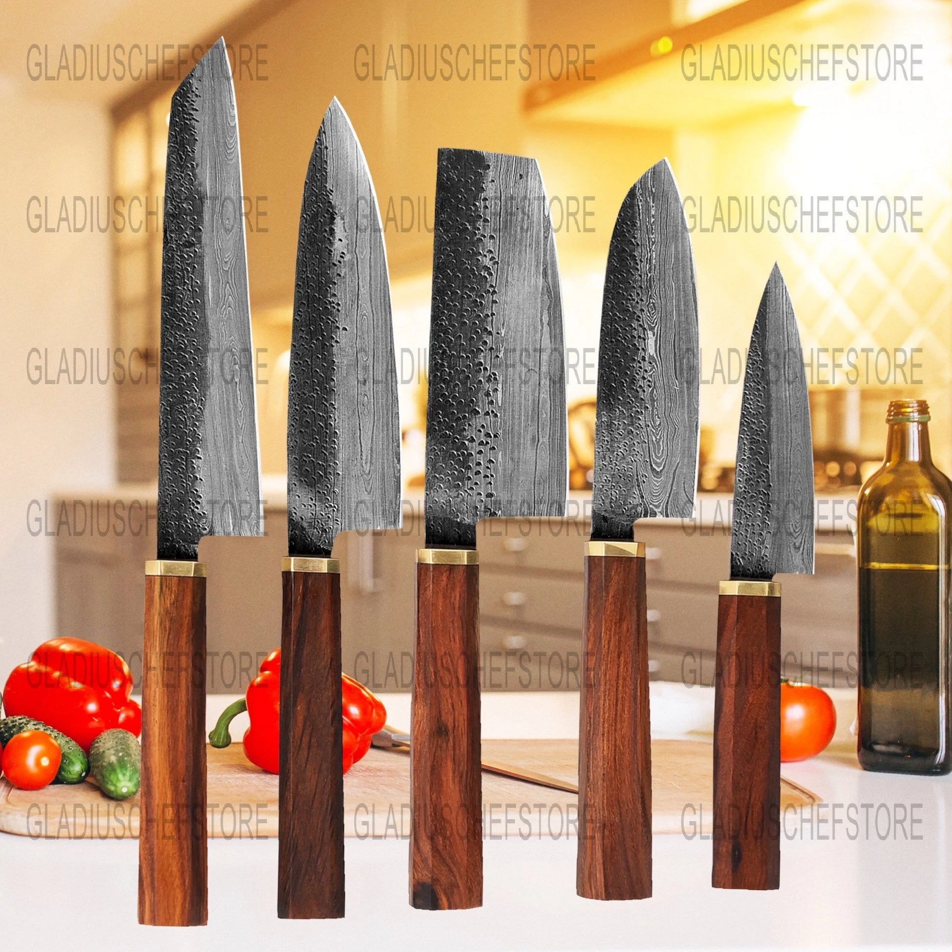 Powder Coating Forged 5-Piece Knife Set - Damascus Knives
